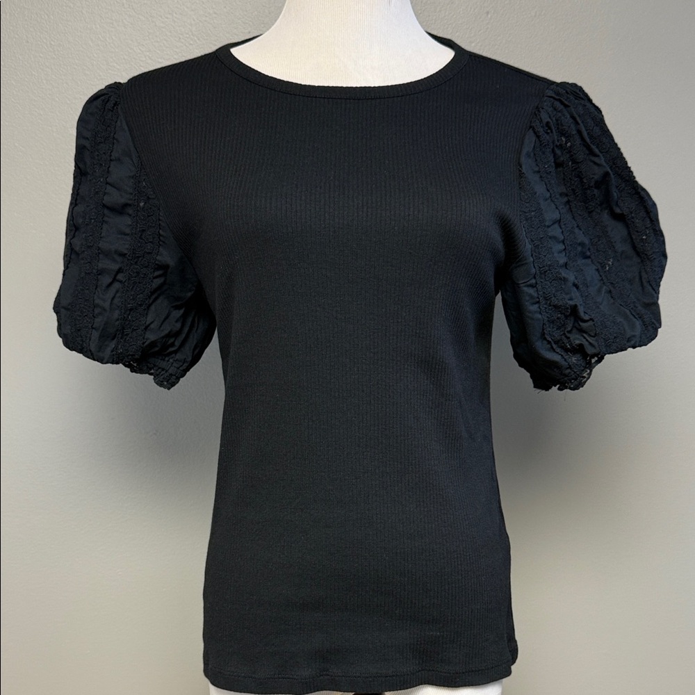 J.Crew Size L Black Puff Sleeve Knit Top Cotton Modal Blend